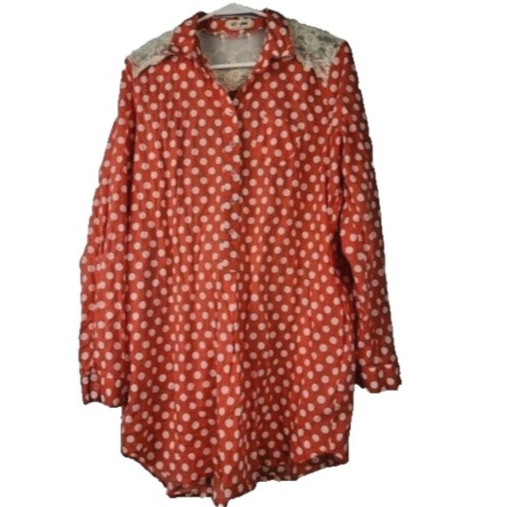 Lilis Closet Anthropologie Womens BOHO Tunic Top Medium Orange Polka Dot Lace‎